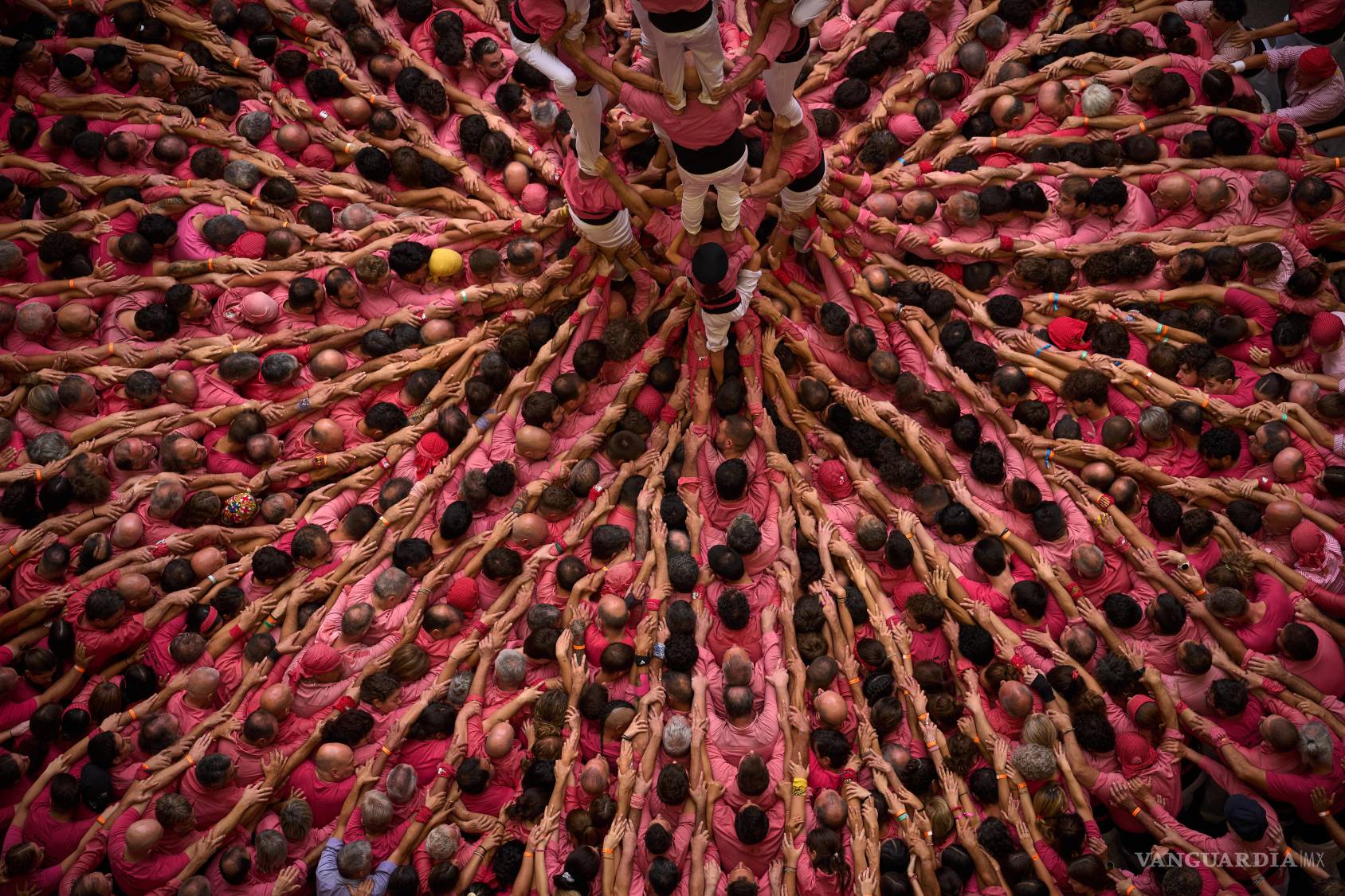 $!Miembros de Castellers Joves de Valls forman un “castell” o torre humana, durante el 30º Concurs de Castells o Concurso de Torres Humanas, en Tarragona, España, el domingo 4 de octubre de 2026. (Foto AP/Emilio Morenatti)