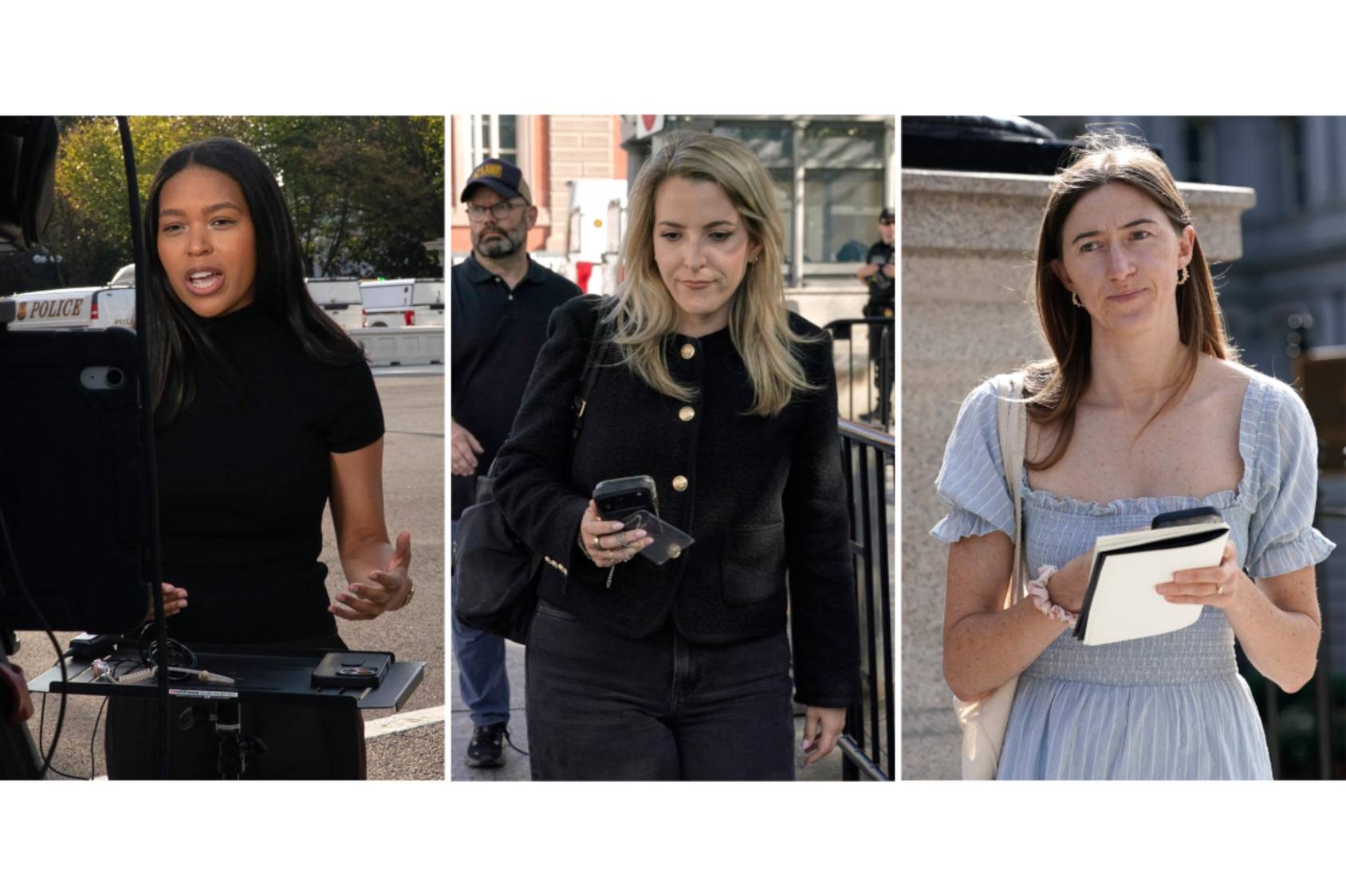 $!Akayla Gardne (i) de MS NOW, Betsy Klein de CNN y Cheyenne Haslett de Politico; reporteras de la Casa Blanca fueron vetadas por Donald Trump.