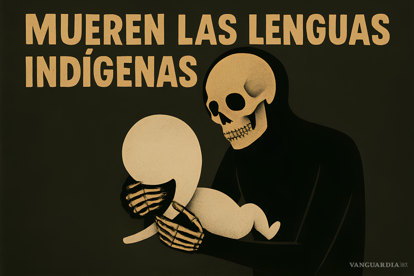 $!Una calavera sostiene un cuerpo infantil con forma de vírgula —símbolo del habla en códices prehispánicos—. Esta escena oscura condensa una metáfora brutal: las lenguas indígenas no se extinguen, son asesinadas por el olvido, la violencia estructural y la normalización del despojo cultural.
