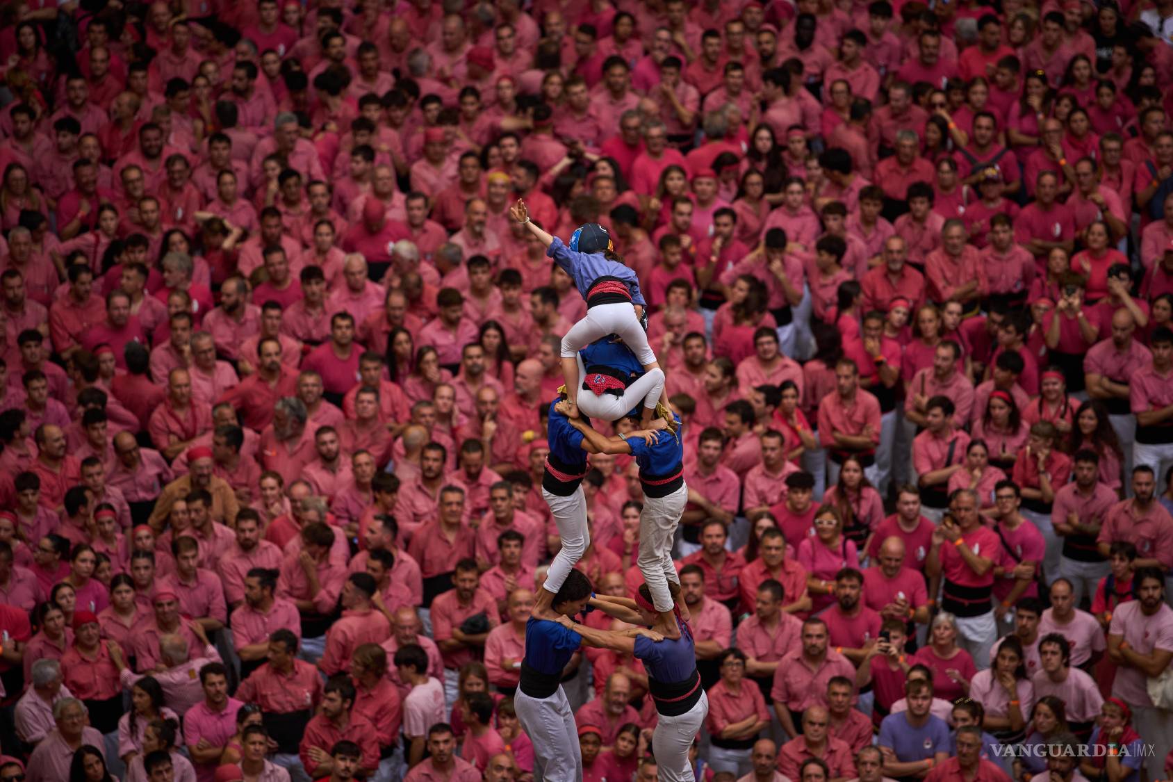 $!Miembros de Castellers Vila de Gracia forman un “castell” o torre humana, durante el 30º Concurs de Castells o Concurso de Torres Humanas, en Tarragona, España, el domingo 4 de octubre de 2026. (Foto AP/Emilio Morenatti)