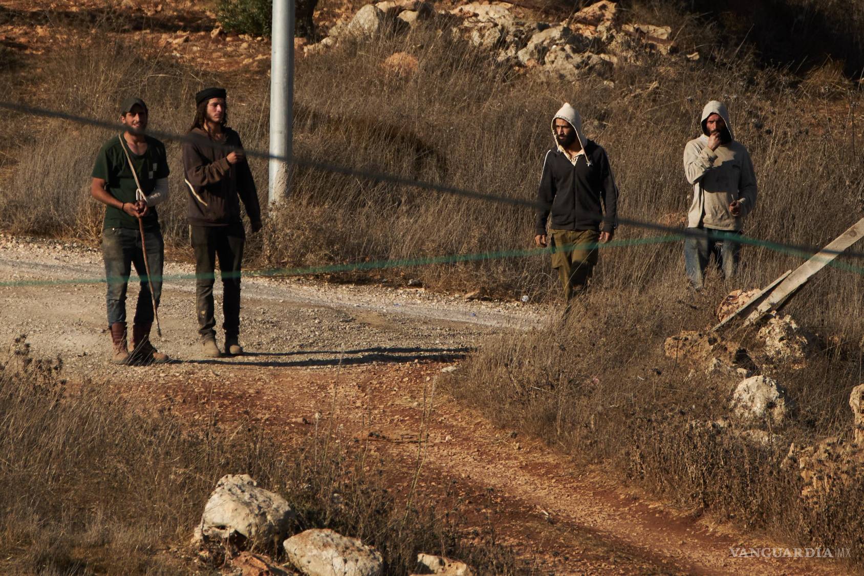 $!Colonos israelíes se desplazan por una zona de un olivar palestino en la localidad de Abu Falah, en Cisjordania, el martes 6 de octubre de 2026.