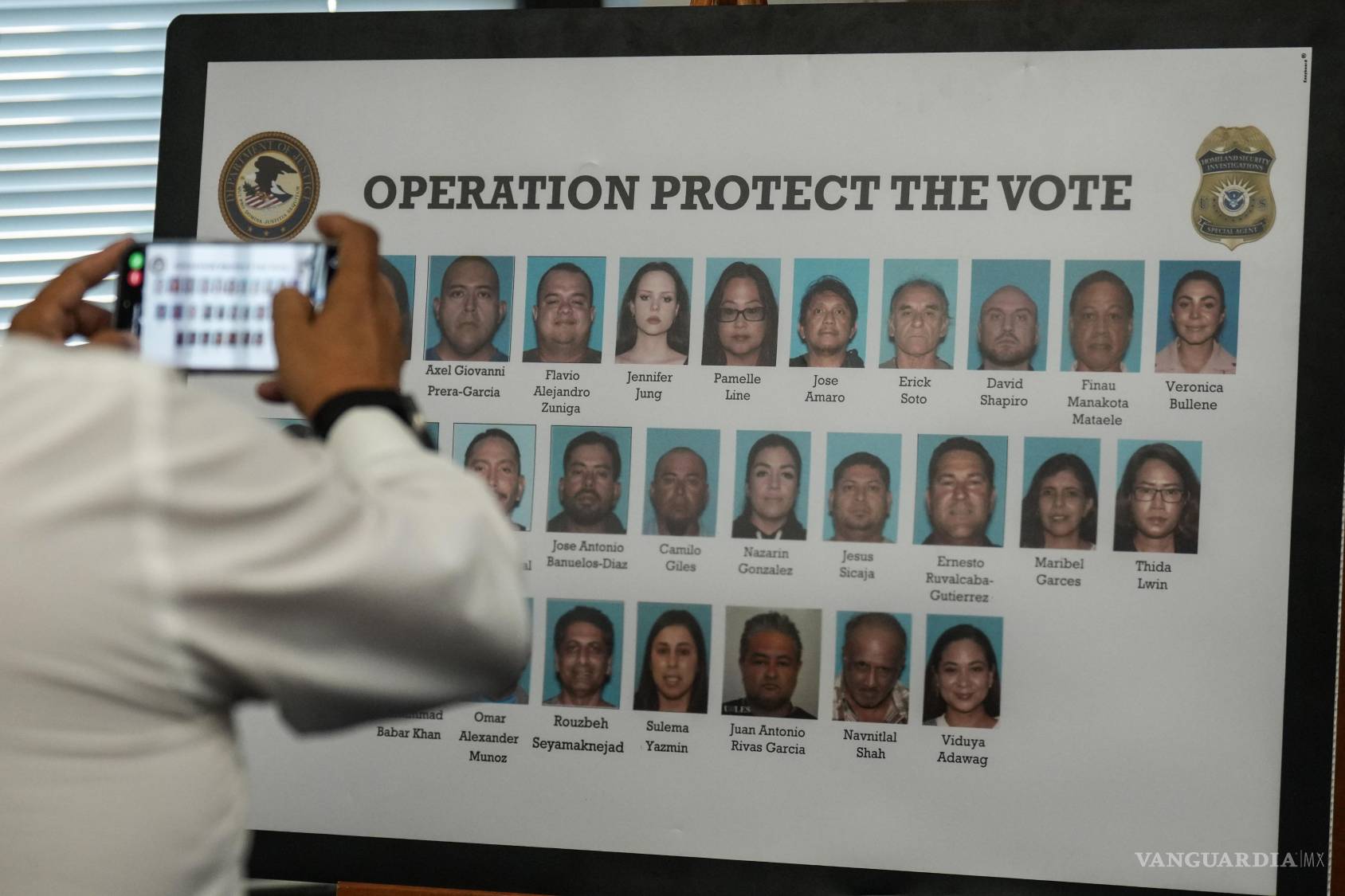 $!Un reportero fotografía una exhibición que muestra a personas acusadas de votar ilegalmente durante una conferencia de prensa en Los Ángeles.