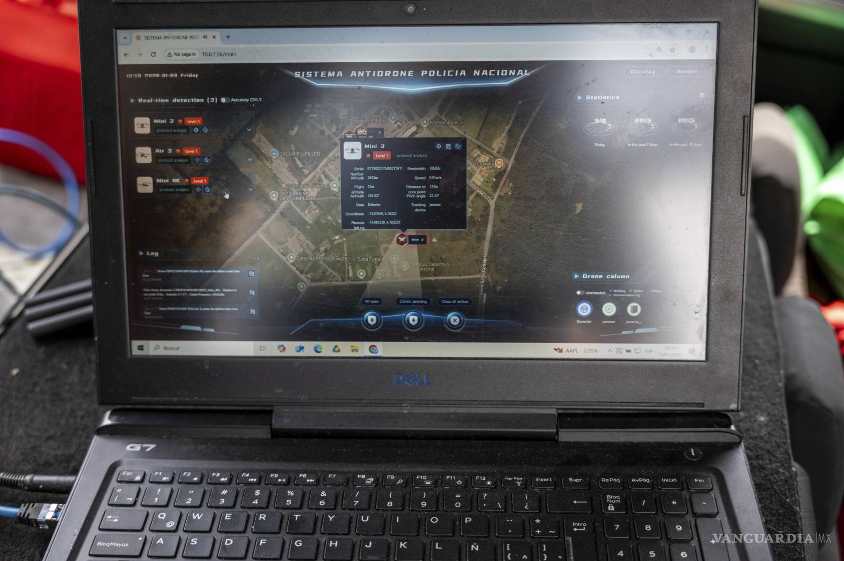 $!Interfaz del “Sistema Antidrone Policial Nacional” mostrando la detección en tiempo real de múltiples dispositivos, incluyendo modelos Mini y Air.