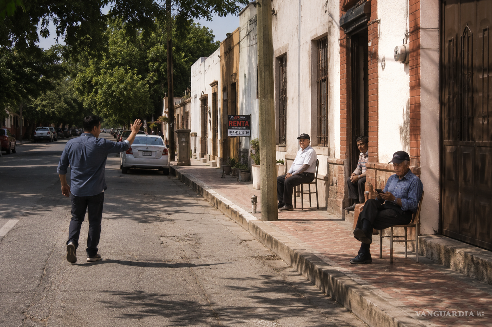$!Un hombre saluda a varios vecinos durante un recorrido por la calle Cuauhtémoc. El gesto cotidiano permite observar la tensión entre la cercanía física del barrio y la reserva con la que algunos habitantes responden a quienes atraviesan su espacio. Imagen ilustrativa generada con inteligencia artificial a partir de escenas descritas en el artículo.