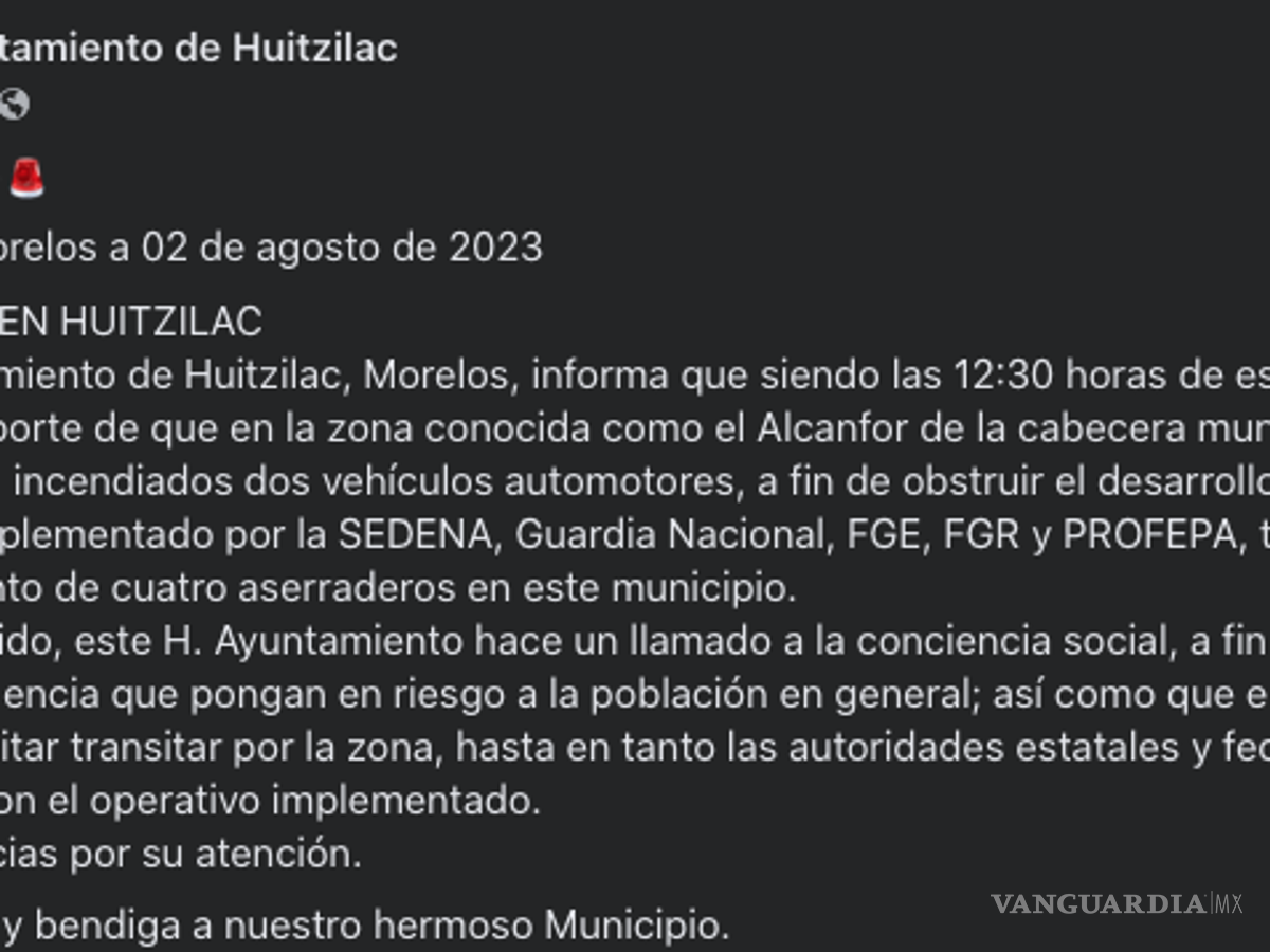 $!El ayuntamiento realizó un comunicado exhortando a la población de Huitzilac de evitar transitar por la zona