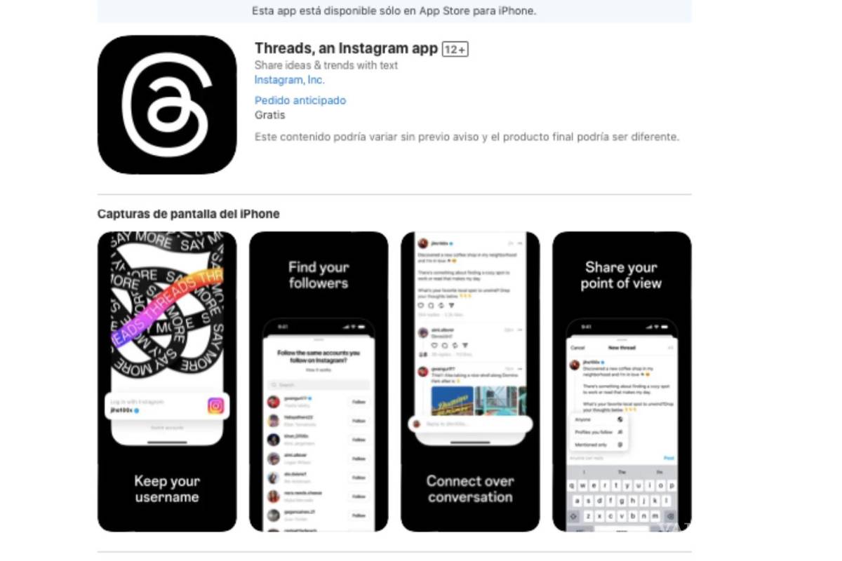 $!La nueva aplicación de Meta, Threads en la App Store para que los usuarios se inscriban y la descarguen el jueves, cuando saldrá a la venta.