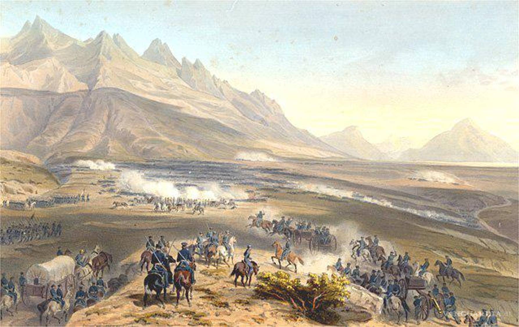 $!Representación de la Batalla de Buena Vista, o La Angostura, durante la guerra entre México y Estados Unidos. La escena fue dibujada por Carl Nebel y litografiada por Adolphe Jean-Baptiste Bayot para el libro The War Between the United States and Mexico, Illustrated, publicado en 1851.