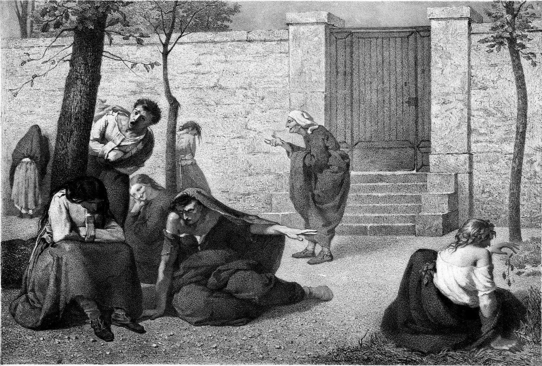 $!La calle de Santiago también conocida como la Calle de los Locos por una familia de enfermos mentales que vivía en ella. Litografía de 1857 realizada por Armand Gautier, que muestra personificaciones de la demencia