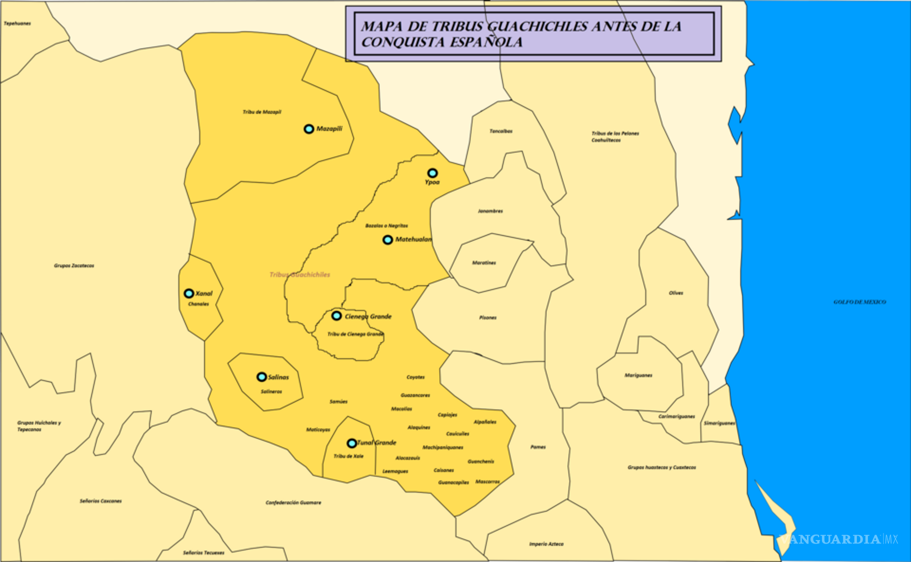 $!Mapa contemporáneo que representa de manera aproximada la extensión atribuida a los pueblos guachichiles antes de la ocupación española. Su presencia alcanzaba la región de Saltillo, donde resistieron la apropiación del territorio, la evangelización y la imposición del orden colonial. La ciudad no fue fundada sobre un espacio vacío, sino en una tierra previamente habitada y disputada.