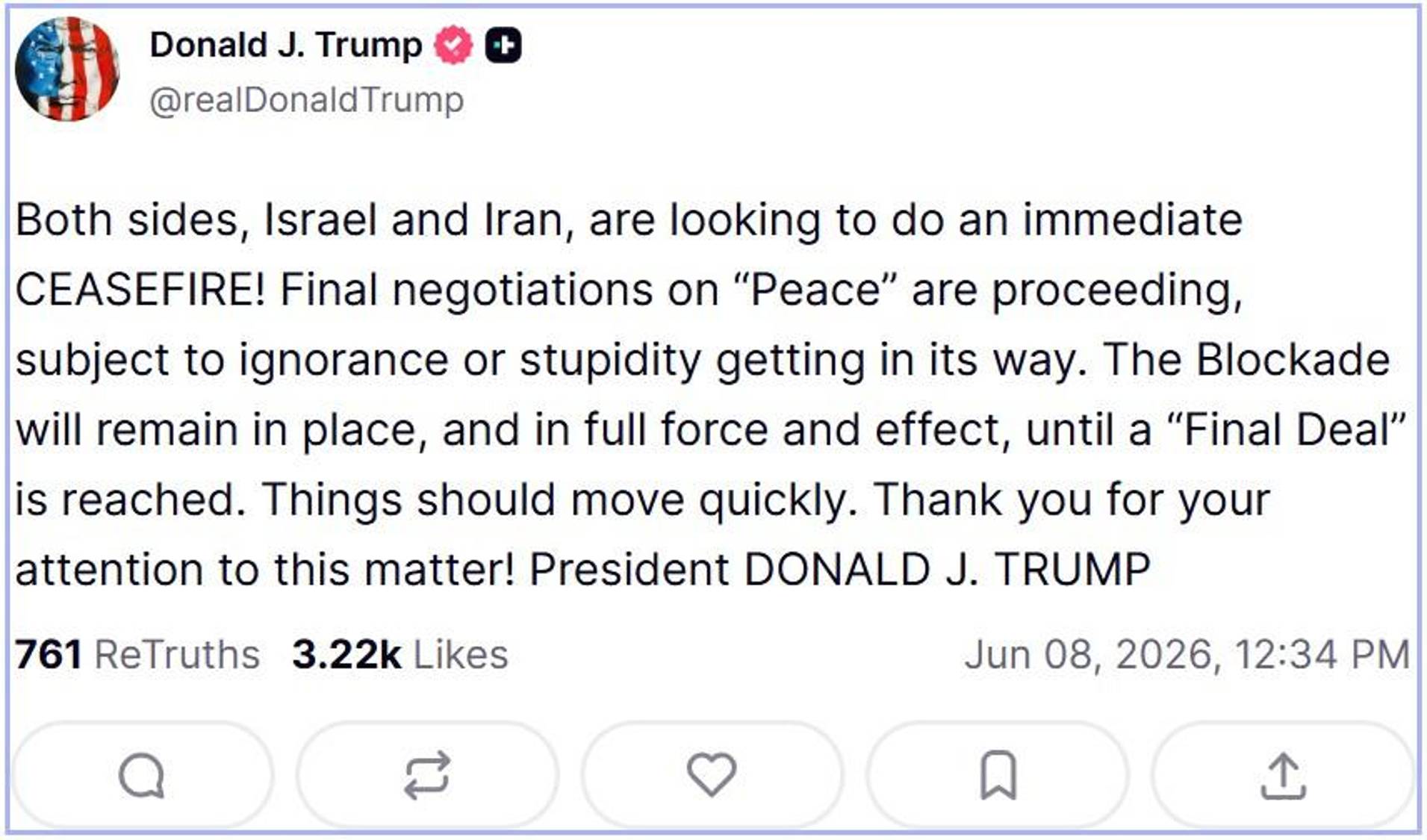 $!El presidente de Estados Unidos, Donald Trump, llamó el lunes a Irán e Israel a dejar de disparar inmediatamente, después de que Teherán lanzara ataques con misiles contra territorio de Israel, que ha respondido contra objetivos iraníes.