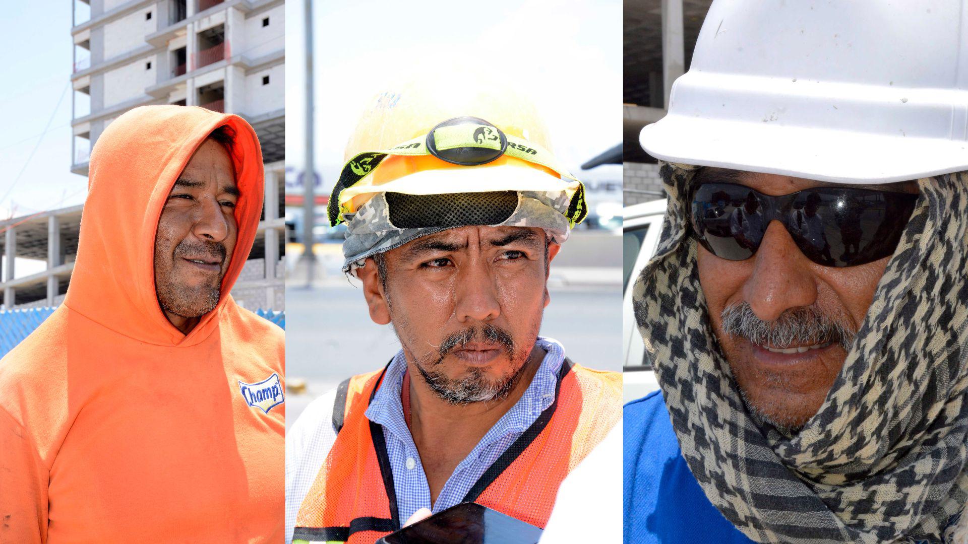 $!Oswaldo, José Rivera y Jacinto Jiménez, son tres albañiles que laboran en Saltillo y quienes se las ingenian para combatir los estragos del calor.