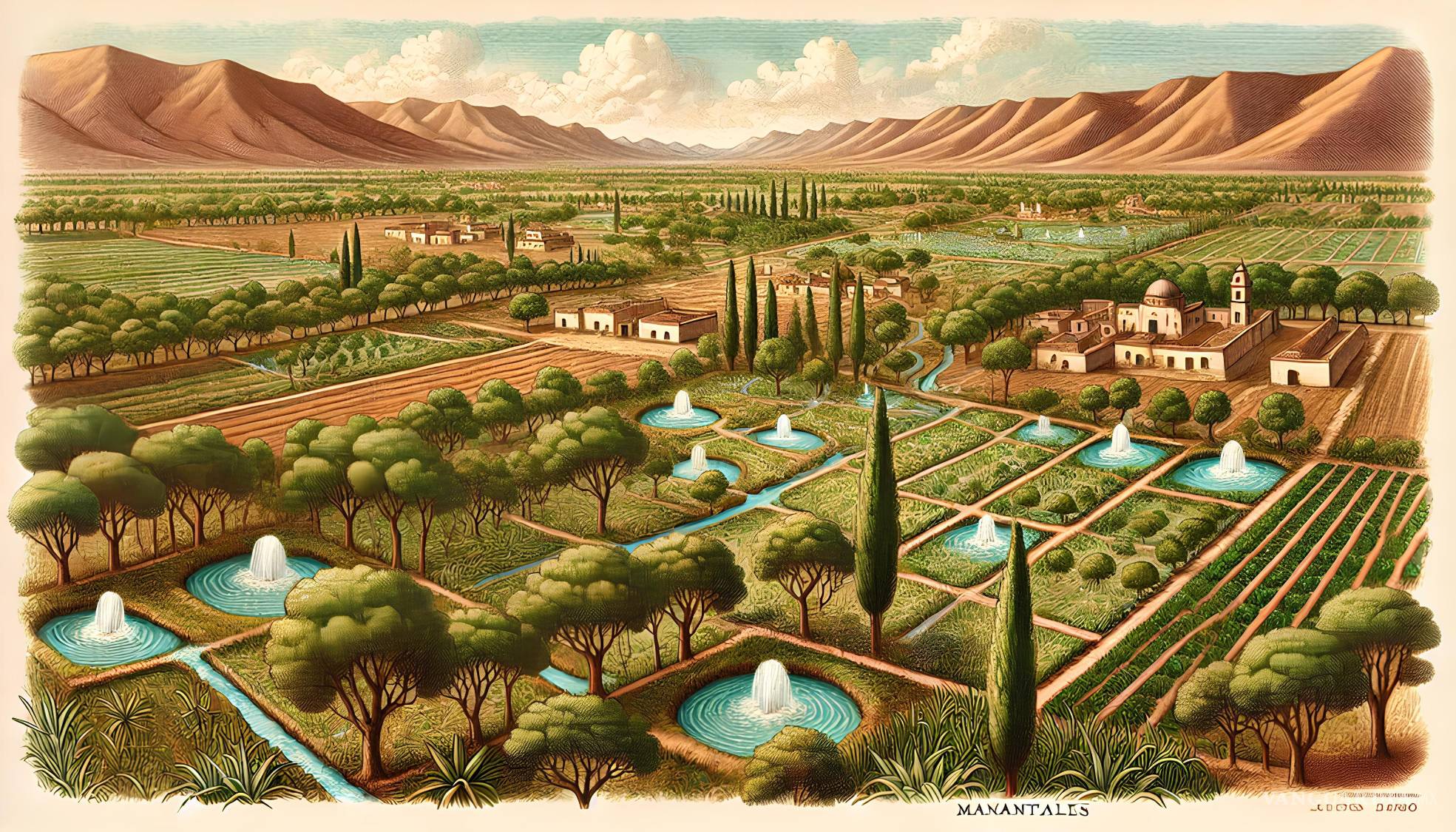 $!Reinterpretación. Panorámica de un Saltillo arcaico. La ciudad nacida entre veneros, acequias y huertas, al pie de la Sierra Madre. Un homenaje visual a la época en que el agua no era problema, sino paisaje (1)