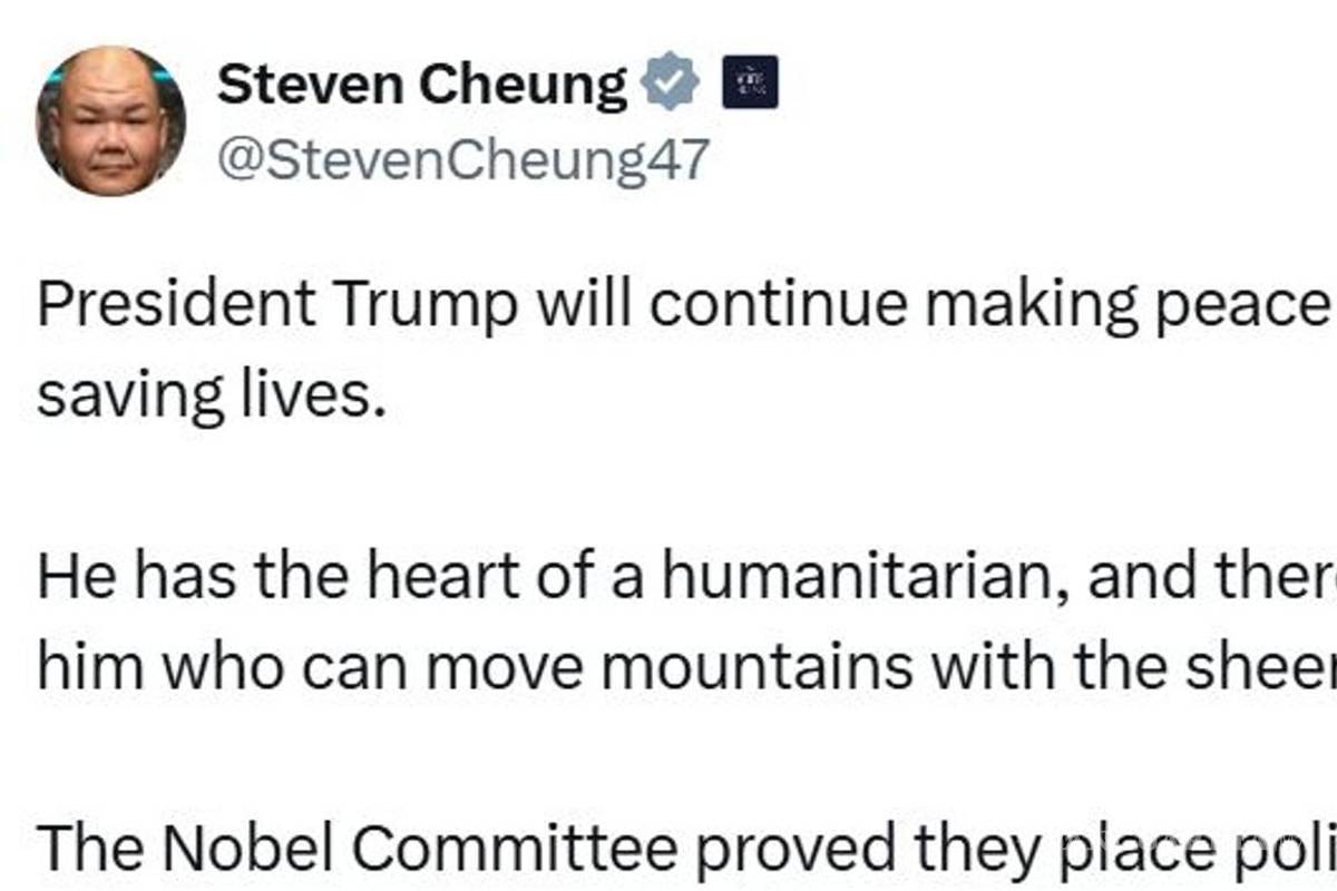 $!Captura del mensaje publicado en X por Steven Cheung,n el que acusa al Comité de los premios Nobel de anteponer la política a la paz.