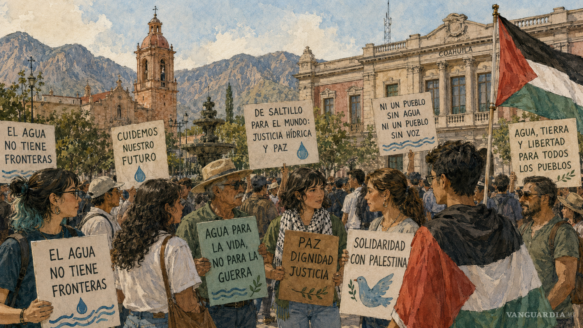 $!¿‘Antisionista sí, antisemita no’?: Saltillo marcha por Palestina y exige claridad sobre el convenio hídrico de Chihuahua con Israel