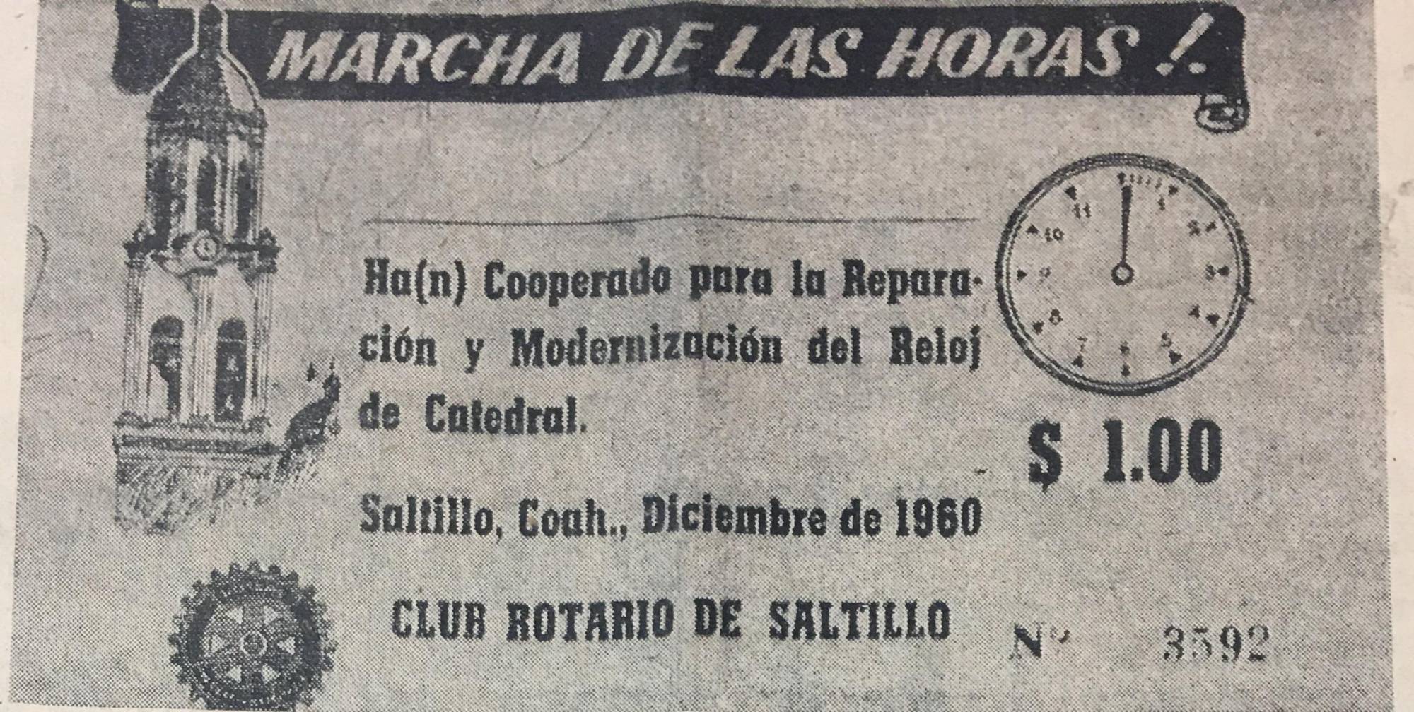 $!Recibo de la campaña de 1960. Marcha de las Horas, promovida por los rotarios.