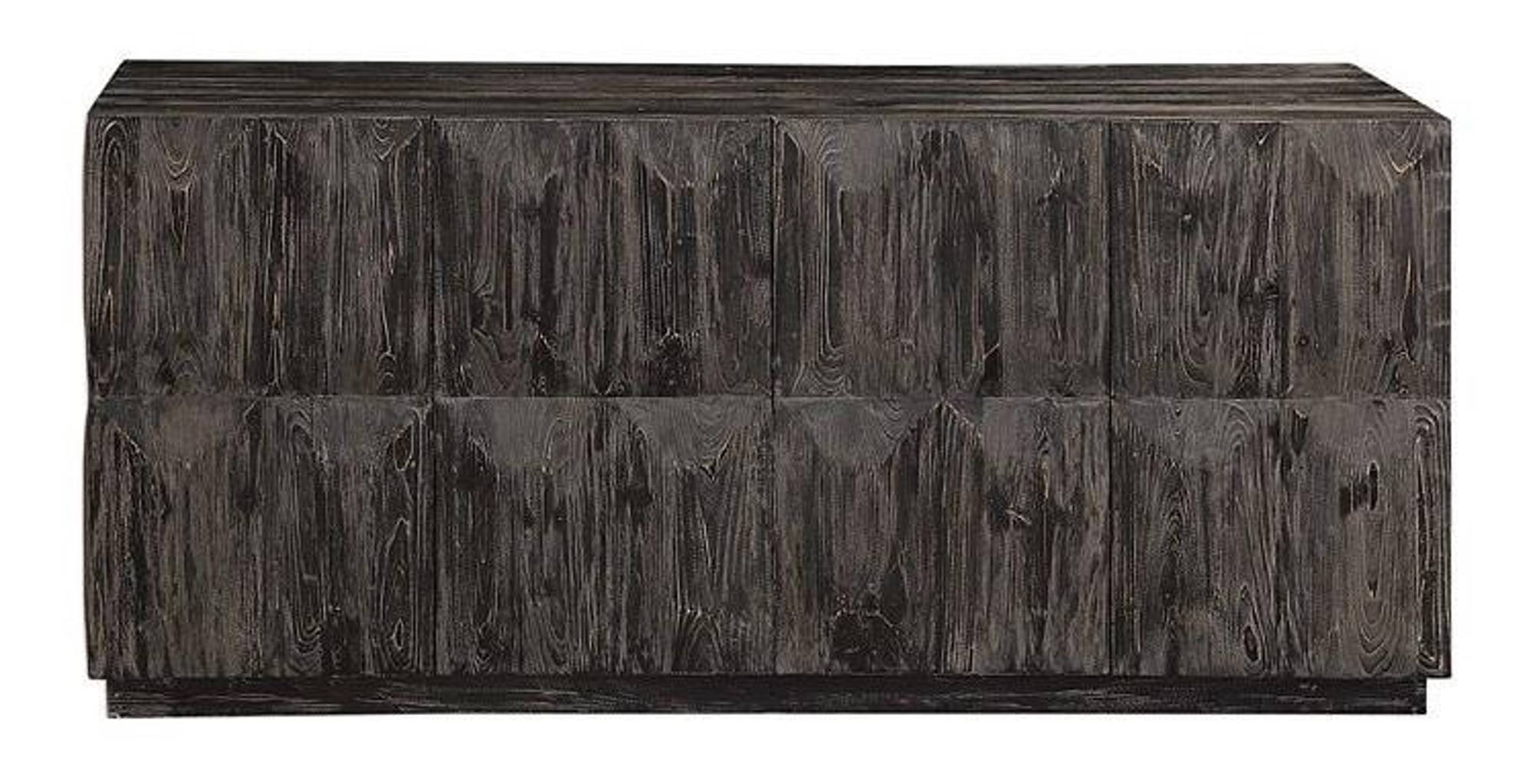 $!Credenza en madera solida con acabado negro viejo y con toques de gris claros.