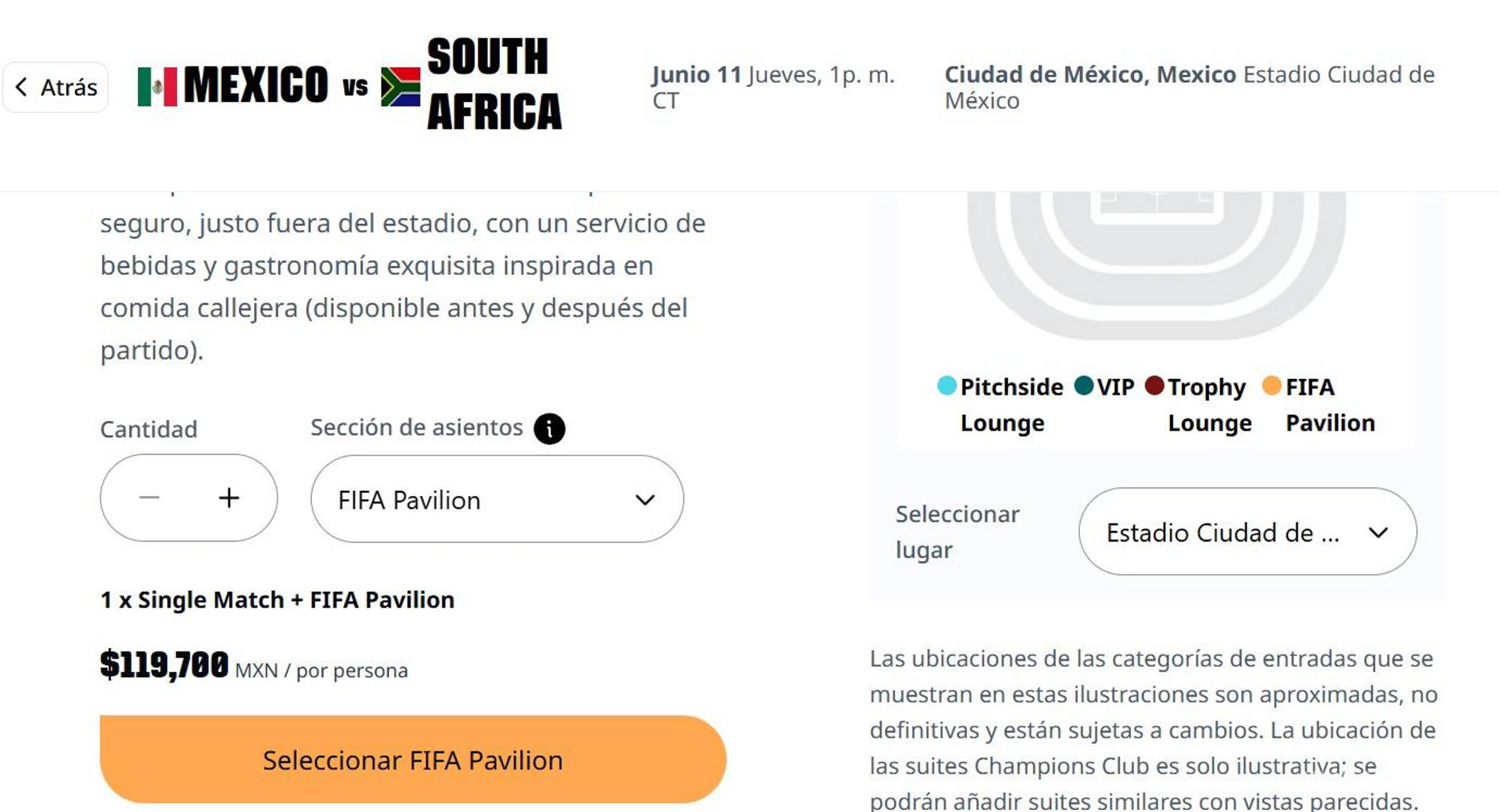 $!La modalidad FIFA Pavilion individual permite adquirir la experiencia premium por persona para un solo partido, con asiento preferente, acceso hospitality y servicios exclusivos antes y después del encuentro.
