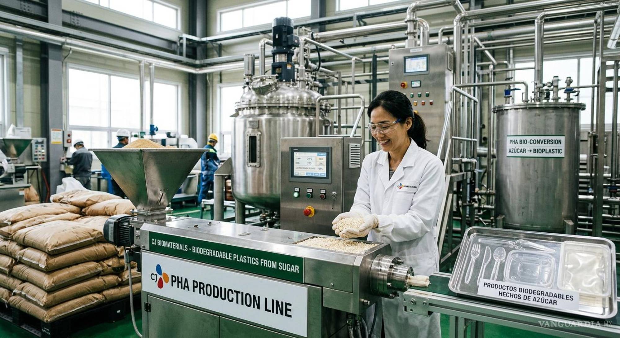 $!Imagen creada a través de la inteligencia artificial para ilustrar el proceso de la creación de plásticos biodegradables a partir de azúcar.