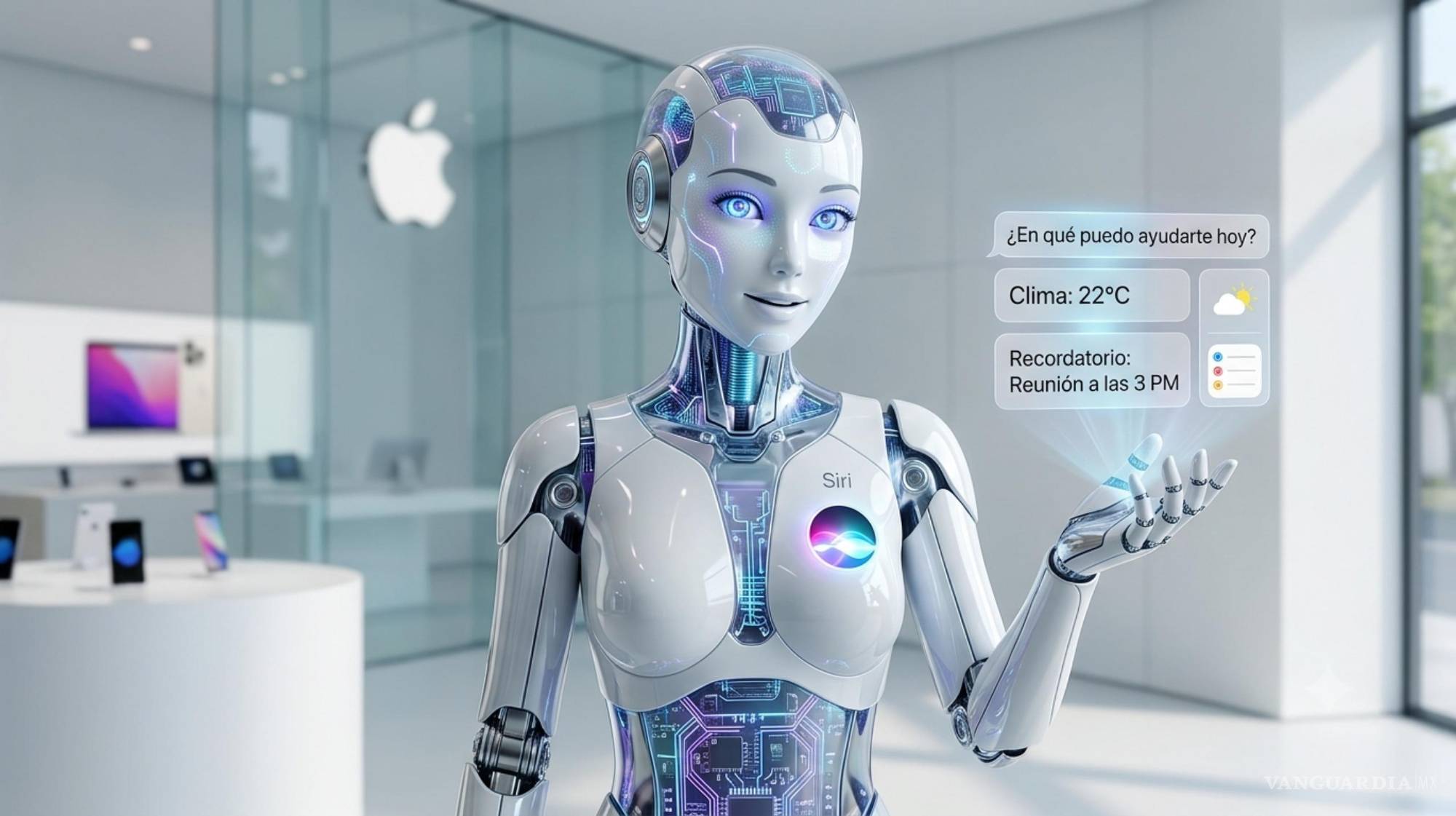 $!Imagen creada a través de inteligencia artificial que ilustra una representación del asistente de voz Siri de Apple si fuera un humanoide.