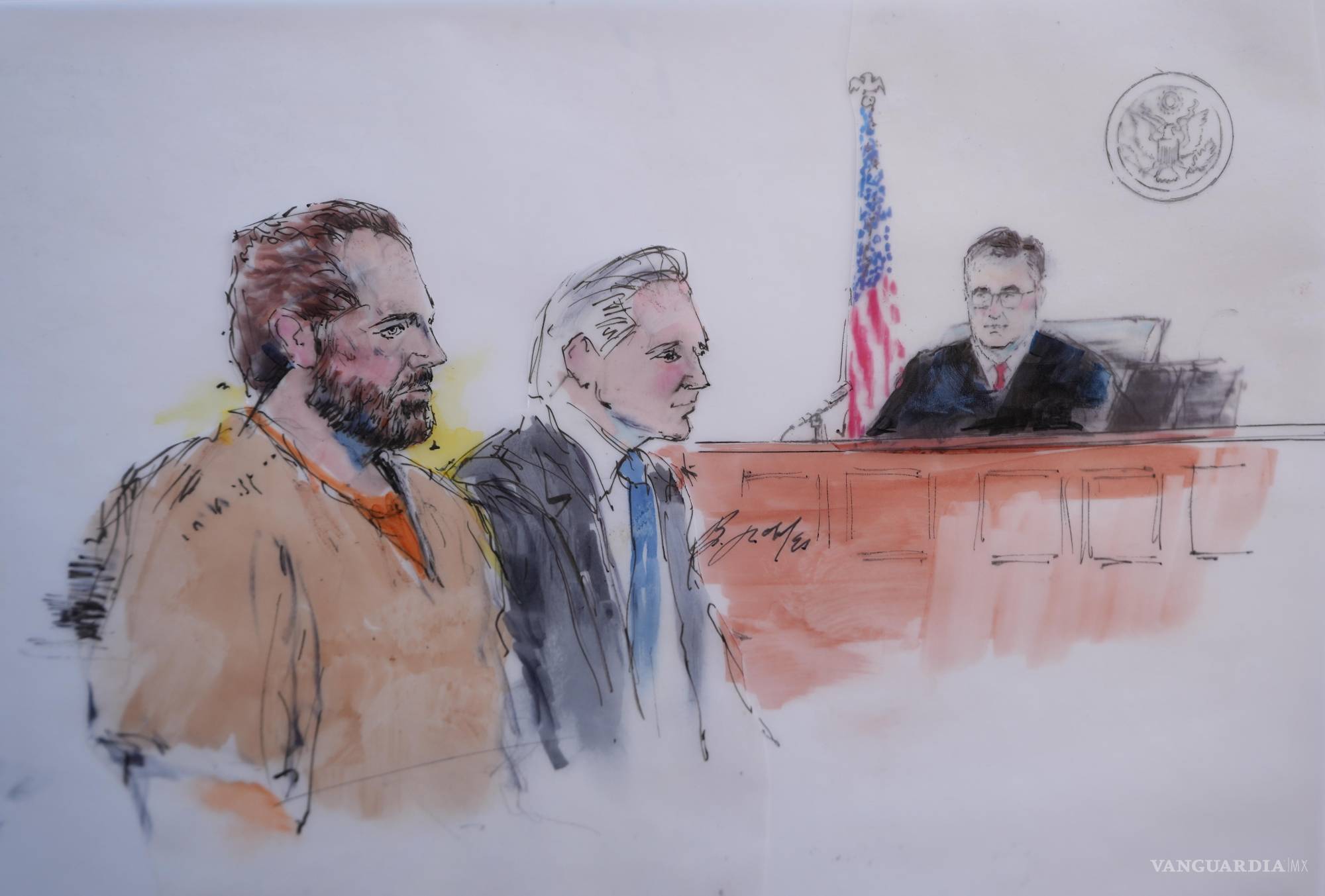 $!Boceto de la sala del tribunal, Ryan Wedding (i), acusado de dirigir una extensa red de tráfico de cocaína durante la primera comparecencia en Santa Ana, California.