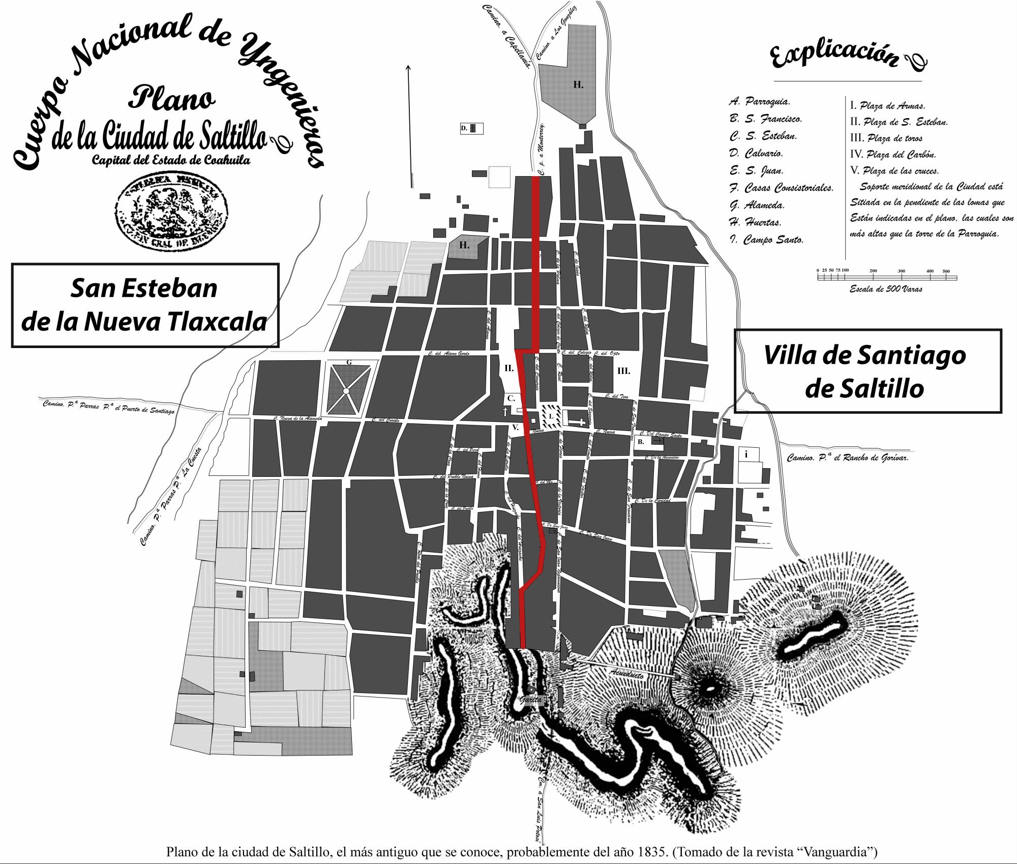 $!Primer plano de la ciudad de Saltillo, data de 1835. Se marca con línea roja la división de los pueblos, aunque para esa fecha ya se habían fusionado