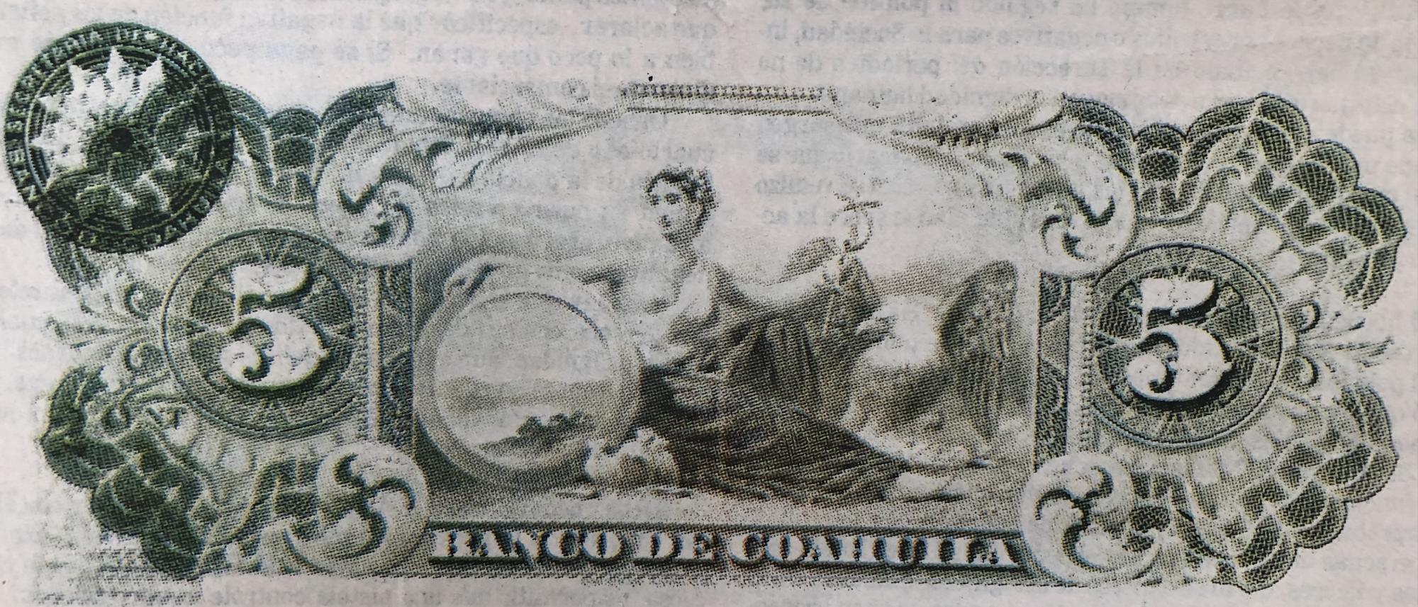 $!Billete de cinco pesos emitido por el Banco Coahuila, en Saltillo