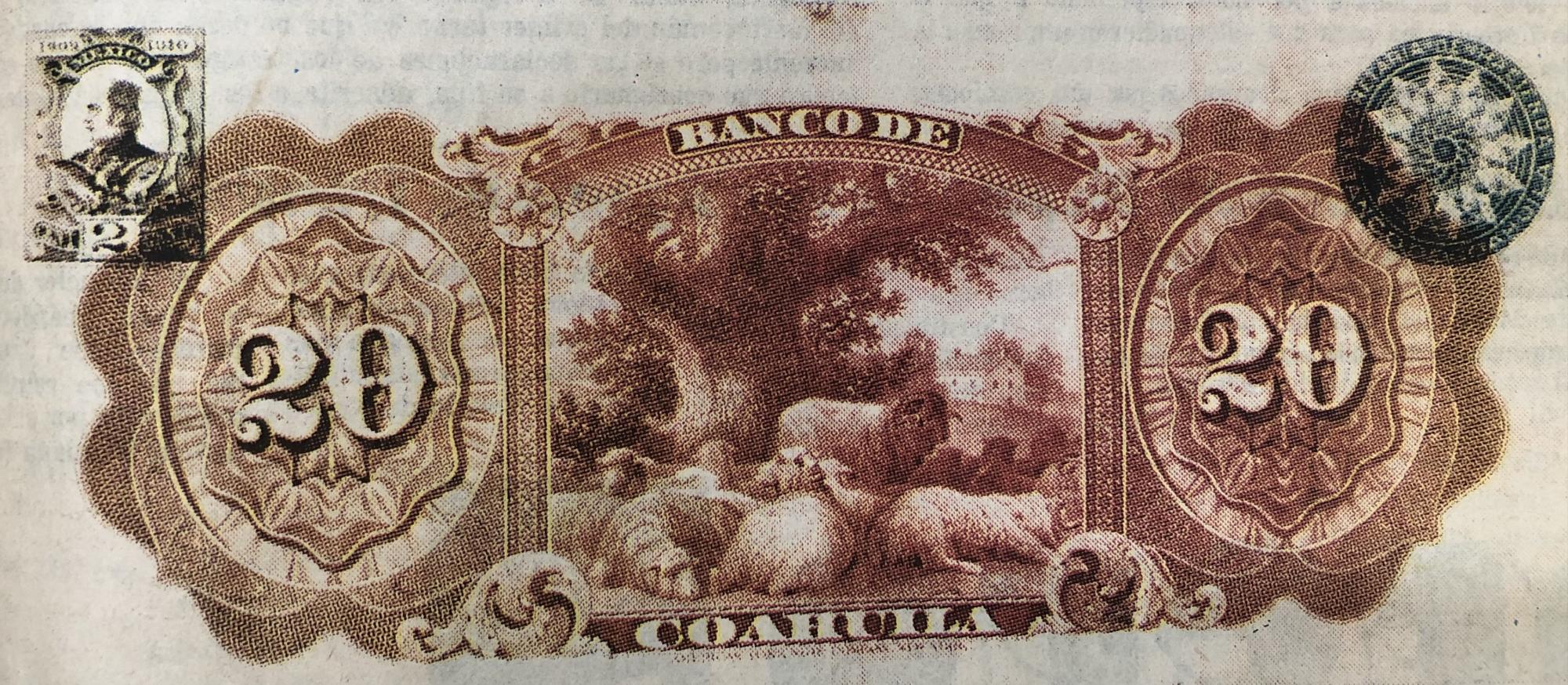 $!Billete de 20 pesos emitido por el Banco Coahuila, en Saltillo