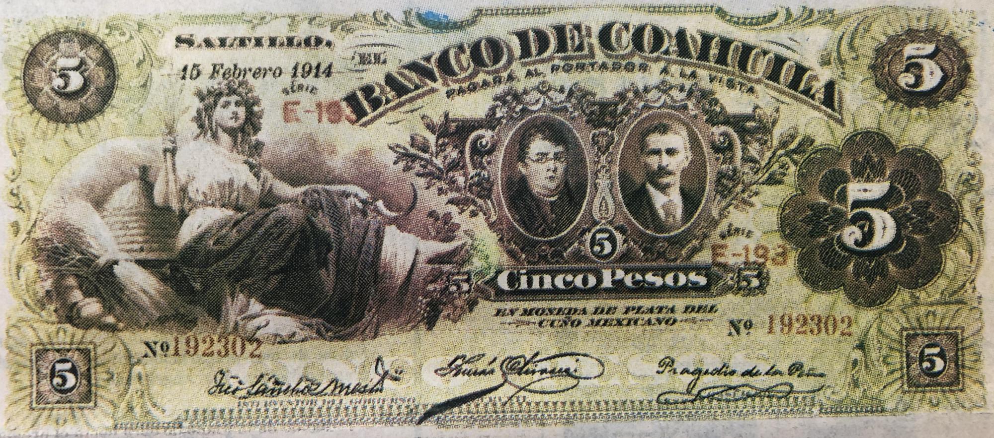 $!Billete de cinco pesos emitido por el Banco Coahuila, en Saltillo