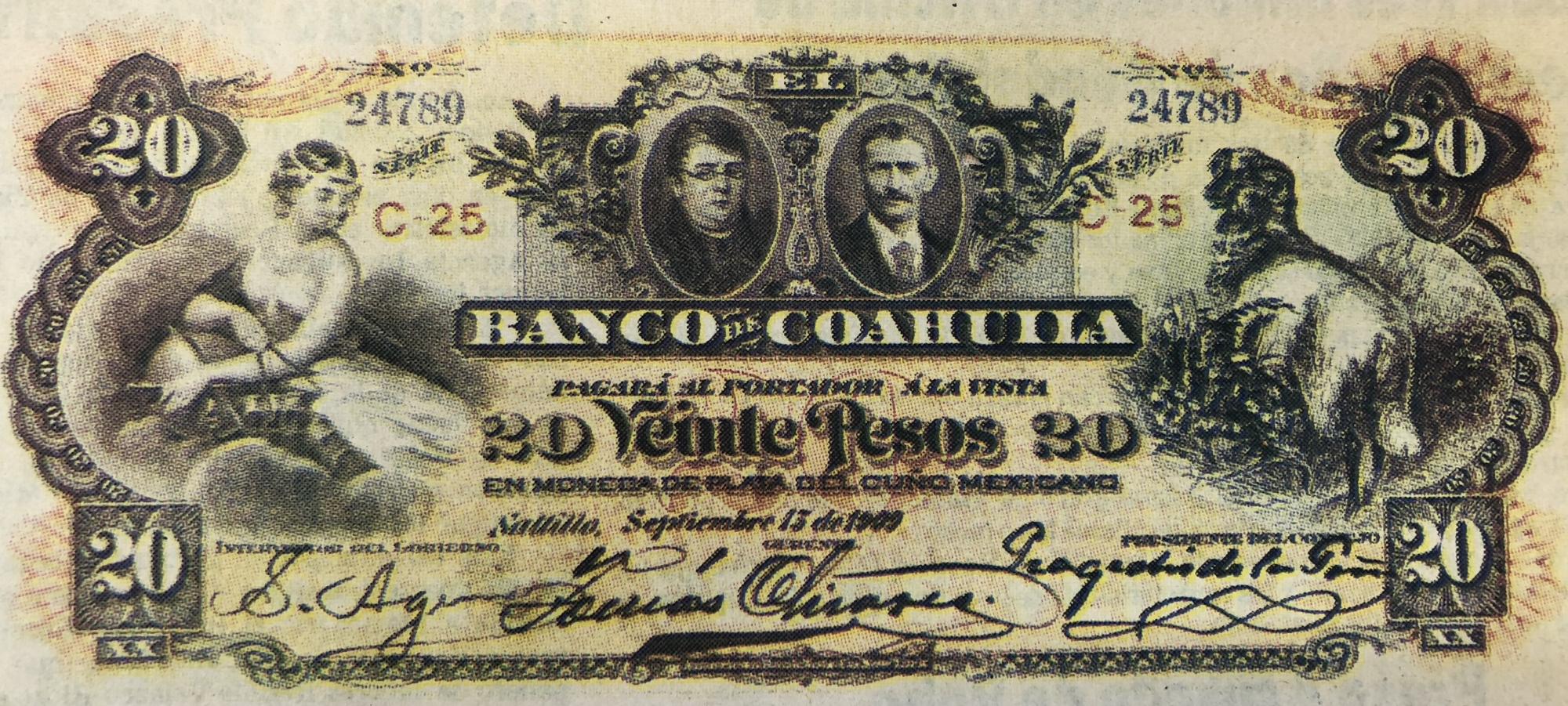 $!Billete de 20 pesos emitido por el Banco Coahuila, en Saltillo
