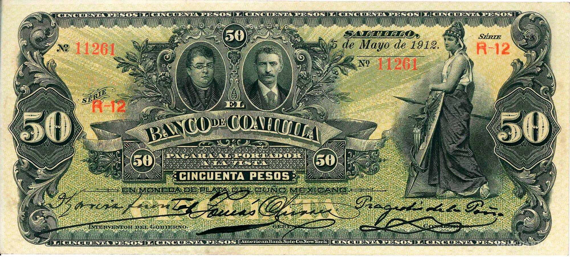 $!Billete de cinco pesos emitido por el Banco de Coahuila, con las caras de Miguel Ramos Arizpe y Victoriano Cepeda.