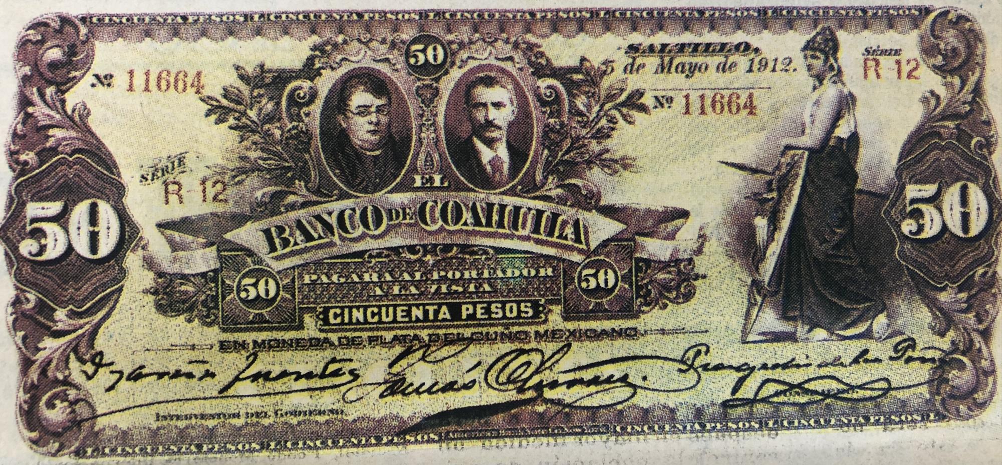$!Billete de 50 pesos emitido por el Banco Coahuila, en Saltillo