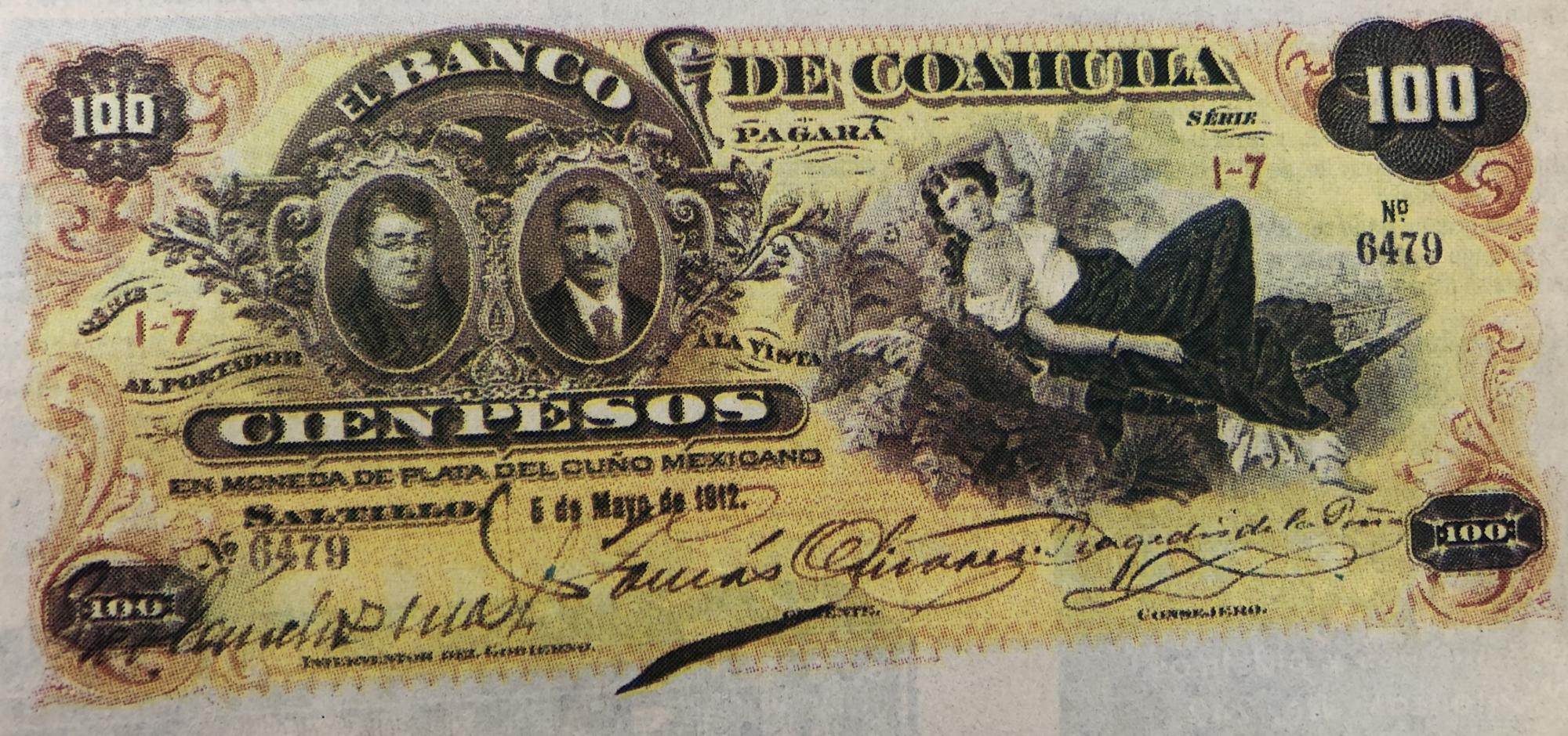 $!Billete de 100 pesos emitido por el Banco Coahuila, en Saltillo
