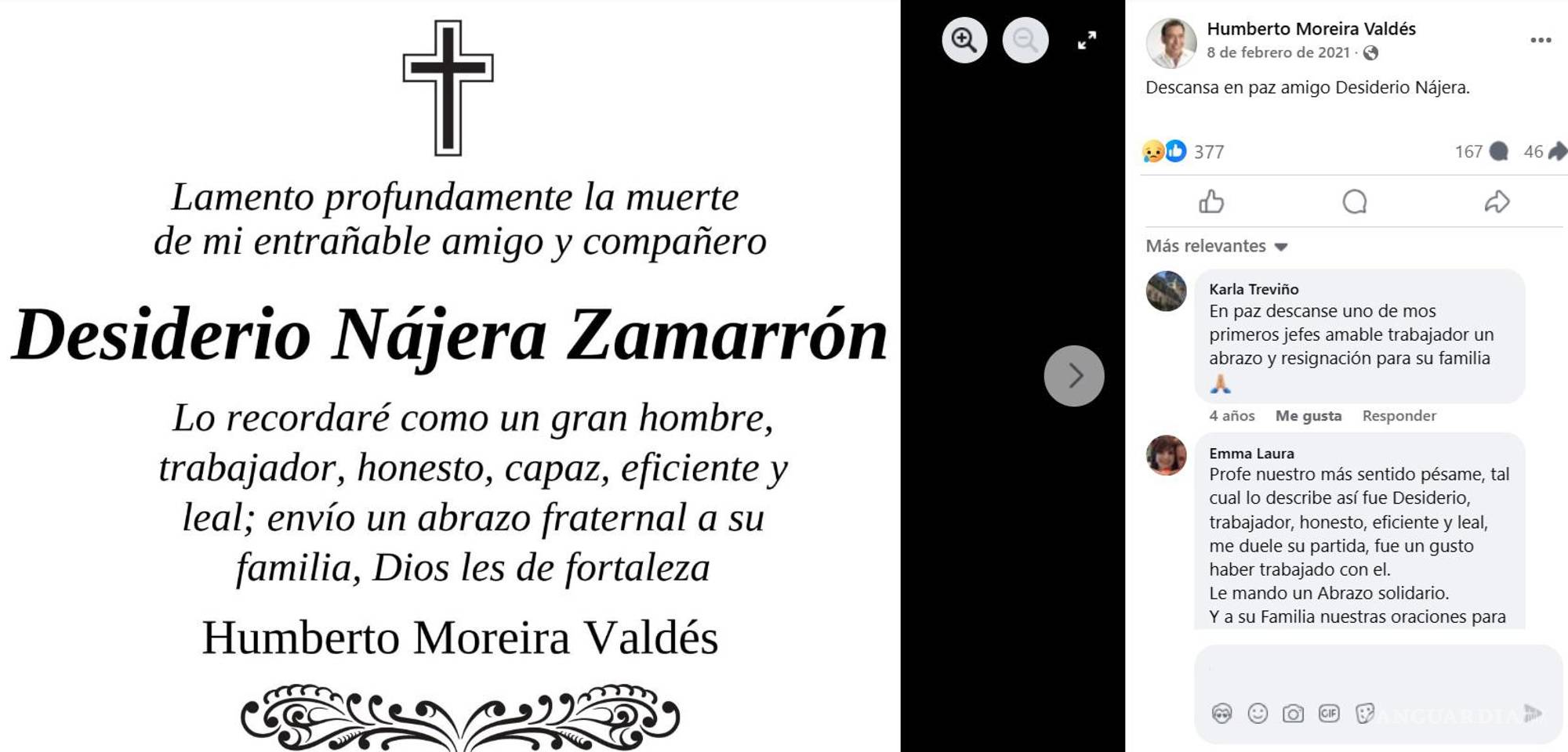 $!Esta fue la esquela que Humberto Moreira compartió en sus redes sociales tras el deceso de Desiderio Nájera.