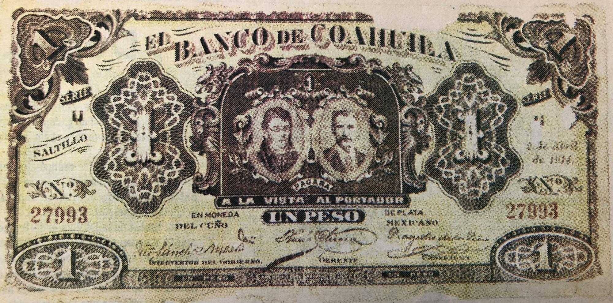 $!Billete de un peso emitido por el Banco Coahuila, en Saltillo