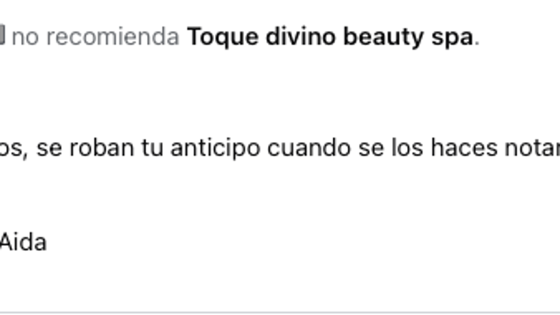 $!Captura de la página de Facebook de Toque Divino, donde clientes alertan sobre la falta de certificación médica.