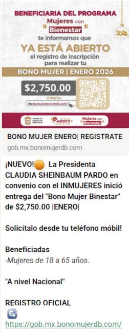 $!Secretaría de las Mujeres desmiente presunto Bono Mujeres Bienestar de 2 mil 750 pesos