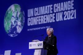Janet Yellen, Secretaria del Tesoro de Estados Unidos, pronuncia un discurso durante las conversaciones sobre el clima de la COP26 en Glasgow, Escocia. EFE/EPA/Emily Macinnes