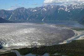Una fotografía proporcionada por Bethan Davies muestra el extremo piamontés del glaciar Taku, uno de los más de 1,000 glaciares en el campo de hielo Juneau en el sureste de Alaska.