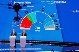 Los portavoces del Parlamento de la UE, Jaume Duch Guillot (izq.) y Delphine Collard, presentan los resultados actualizados de las elecciones de la UE en Bruselas, Bélgica.