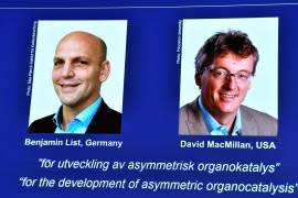 La Real Academia Sueca de Ciencias anuncia a los ganadores del Premio Nobel de Química 2021, Benjamin List (izq.) Y David MacMillan, en la Real Academia Sueca de Ciencias en Estocolmo, Suecia. EFE/EPA/Claudio Bresciani