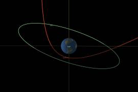 Este diagrama proporcionado por la NASA muestra la trayectoria estimada del asteroide 2023 BU, en rojo, afectada por la gravedad de la Tierra, y la órbita de satélites geosincrónicos, en verde.