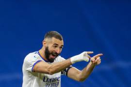 El francés Karim Benzema festejando tras anotar el segundo tanto ante Rayo Vallecano, el sábado 6 de noviembre de 2021.