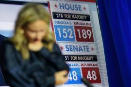 Una pizarra electrónica muestra los resultados en una fiesta de vigilancia nocturna electoral para el líder de la minoría de la Cámara, el representante Kevin McCarthy, en el Hotel Westin en Washington, DC.