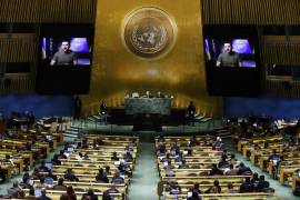 El presidente de Ucrania, Volodymyr Zelensky, se dirige a la 77ª sesión de la Asamblea General de las Naciones Unidas, en la sede de la ONU.