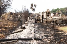 Daños en propiedades tras los incendios forestales en Le Porge, Francia, 30 de julio de 2026. La mayoría de los residentes de la ciudad evacuaron a medida que los incendios se acercaban a Le Porge.