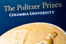 Logotipo de los Premios Pulitzer en la Universidad de Columbia, 28 de mayo de 2019, en Nueva York.