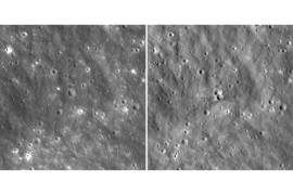Fotos tomadas por el Orbitador de Reconocimiento Lunar, muestra imágenes del antes (a la izquierda) y el después de un cráter reciente en la Luna, creado por una colisión de un cohete de SpaceX.