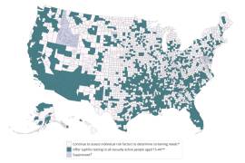 Esta imagen muestra los condados, sombreados en verde, donde los funcionarios federales sugieren ofrecer pruebas de sífilis a todas las personas sexualmente activas entre 15 y 44 años.
