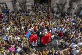 Participantes en la procesión del Domingo de Ramos portan ramos en la entrada triunfal a la Catedral de Santiago.