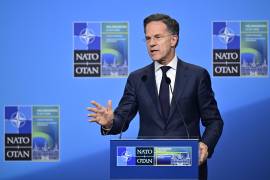 El secretario general de la OTAN, Mark Rutte, ofrece una rueda de prensa de clausura durante la reunión de ministros de Asuntos Exteriores de la OTAN en Helsingborg, Suecia.